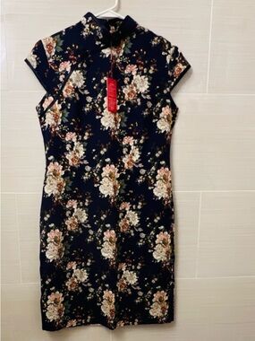Floral Navy Mandarin-Collar Midi Dress
